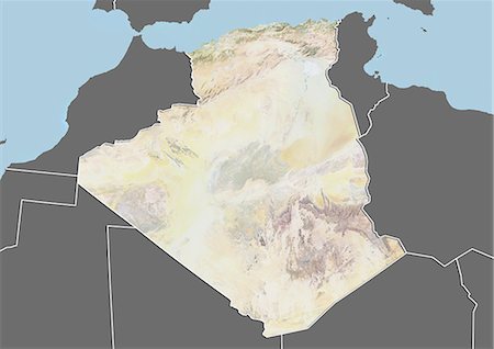 simsearch:872-06054623,k - Relief map of Algeria (with border and mask). This image was compiled from data acquired by landsat 5 & 7 satellites combined with elevation data. Stock Photo - Rights-Managed, Code: 872-06160240