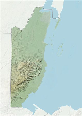 simsearch:872-06054275,k - Relief map of Belize (with border and mask). This image was compiled from data acquired by landsat 5 & 7 satellites combined with elevation data. Stock Photo - Rights-Managed, Code: 872-06160250