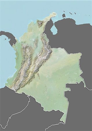 simsearch:872-06054387,k - Relief map of Colombia (with border and mask). This image was compiled from data acquired by landsat 5 & 7 satellites combined with elevation data. Fotografie stock - Rights-Managed, Codice: 872-06160269