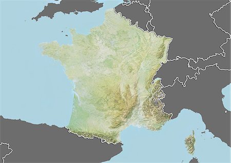 Plan-relief de la France (avec bordure et masque). Cette image a été compilée à partir de données acquises par les satellites landsat 5 & 7 combinées avec les données d'élévation. Photographie de stock - Rights-Managed, Code: 872-06160287