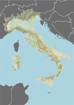 simsearch:872-06055393,k - Relief map of Italy (with border and mask). This image was compiled from data acquired by landsat 5 & 7 satellites combined with elevation data. Fotografie stock - Rights-Managed, Codice: 872-06160308