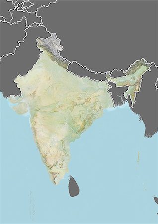 Relief map of India (with border and mask). This image was compiled from data acquired by landsat 5 & 7 satellites combined with elevation data. Fotografie stock - Rights-Managed, Codice: 872-06160302