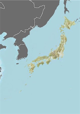 simsearch:872-06054649,k - Relief map of Japan (with border and mask). This image was compiled from data acquired by landsat 5 & 7 satellites combined with elevation data. Stock Photo - Rights-Managed, Code: 872-06160310