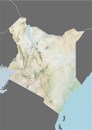 Relief map of Kenya (with border and mask). This image was compiled from data acquired by landsat 5 & 7 satellites combined with elevation data. Foto de stock - Con derechos protegidos, Código: 872-06160313