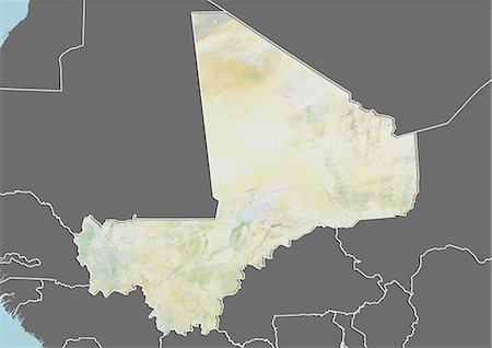 simsearch:872-06054520,k - Relief map of Mali (with border and mask). This image was compiled from data acquired by landsat 5 & 7 satellites combined with elevation data. Stock Photo - Rights-Managed, Code: 872-06160328