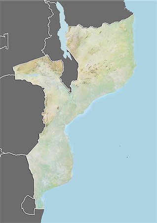 simsearch:872-06054562,k - Relief map of Mozambique (with border and mask). This image was compiled from data acquired by landsat 5 & 7 satellites combined with elevation data. Stock Photo - Rights-Managed, Code: 872-06160335