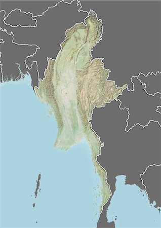 fiume ayeyarwady - Relief map of Myanmar (with border and mask). This image was compiled from data acquired by landsat 5 & 7 satellites combined with elevation data. Fotografie stock - Rights-Managed, Codice: 872-06160336