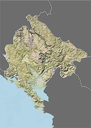 podgorica - Relief map of Montenegro (with border and mask). This image was compiled from data acquired by landsat 5 & 7 satellites combined with elevation data. Stock Photo - Rights-Managed, Code: 872-06160333