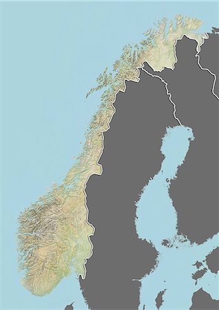 Relief map of Norway (with border and mask). This image was compiled from data acquired by landsat 5 & 7 satellites combined with elevation data. Stock Photo - Rights-Managed, Code: 872-06160344