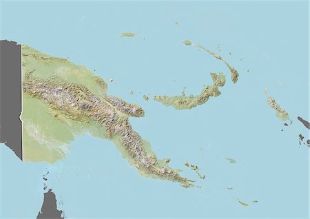 Relief map of Papua New Guinea (with border and mask). This image was compiled from data acquired by landsat 5 & 7 satellites combined with elevation data. Foto de stock - Con derechos protegidos, Código: 872-06160348