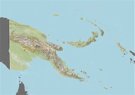 papua new guinea map - Relief map of Papua New Guinea (with border and mask). This image was compiled from data acquired by landsat 5 & 7 satellites combined with elevation data. Stock Photo - Rights-Managed, Code: 872-06160348