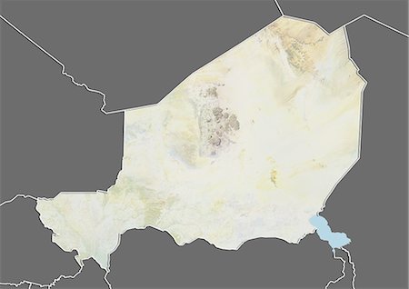 Relief map of Niger (with border and mask). This image was compiled from data acquired by landsat 5 & 7 satellites combined with elevation data. Stock Photo - Rights-Managed, Code: 872-06160341