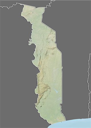 simsearch:872-06054379,k - Carte du relief du Togo (avec bordure et masque). Cette image a été compilée à partir de données acquises par les satellites landsat 5 & 7 combinées avec les données d'élévation. Photographie de stock - Rights-Managed, Code: 872-06160378