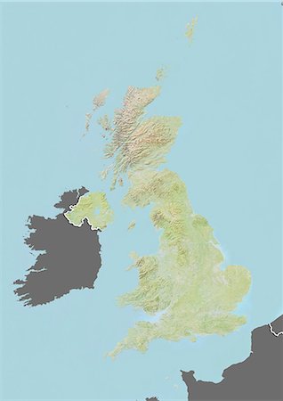 Relief map of the United Kingdom (with border and mask). This image was compiled from data acquired by landsat 5 & 7 satellites combined with elevation data. Fotografie stock - Rights-Managed, Codice: 872-06160385