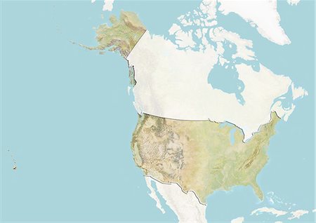 Relief map of the United States (with border and mask). This image was compiled from data acquired by landsat 5 & 7 satellites combined with elevation data. Stock Photo - Rights-Managed, Code: 872-06160388