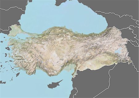 simsearch:872-06160240,k - Relief map of Turkey (with border and mask). This image was compiled from data acquired by landsat 5 & 7 satellites combined with elevation data. Stock Photo - Rights-Managed, Code: 872-06160380