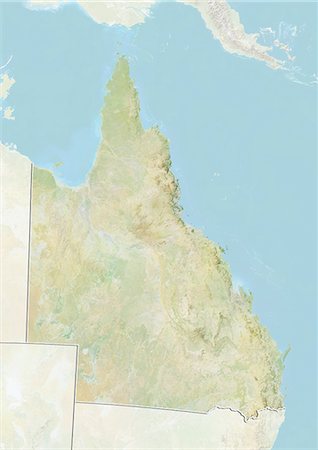 Relief map of the State of Queensland, Australia. This image was compiled from data acquired by LANDSAT 5 & 7 satellites combined with elevation data. Foto de stock - Con derechos protegidos, Código: 872-06160409