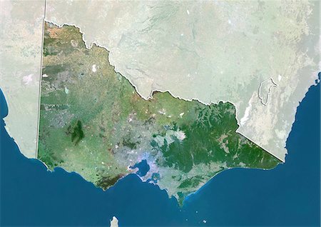 Vue satellite de l'état de Victoria, Australie. Cette image a été compilée à partir de données acquises par les satellites LANDSAT 5 & 7. Photographie de stock - Rights-Managed, Code: 872-06160414