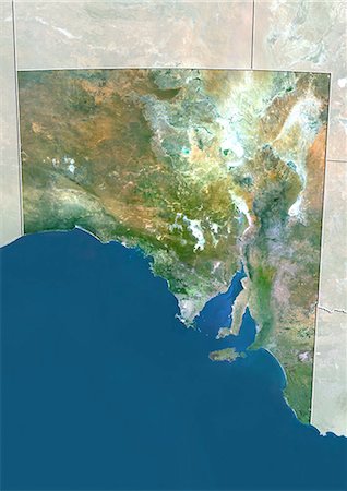 simsearch:872-06054978,k - Satellitenaufnahme von State of South Australia, Australien. Dieses Bild wurde aus Daten von Satelliten LANDSAT 5 & 7 erworbenen zusammengestellt. Stockbilder - Lizenzpflichtiges, Bildnummer: 872-06160412