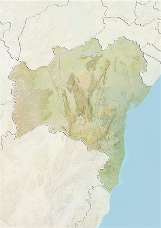 Relief map of the State of Bahia, Brazil. This image was compiled from data acquired by LANDSAT 5 & 7 satellites combined with elevation data. Stock Photo - Rights-Managed, Code: 872-06160456