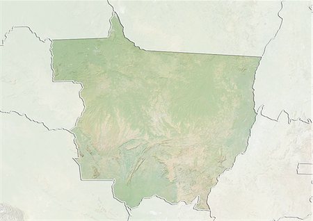 Plan-relief de l'état du Mato Grosso, Brésil. Cette image a été compilée à partir de données acquises par les satellites LANDSAT 5 & 7 combinées avec les données d'élévation. Photographie de stock - Rights-Managed, Code: 872-06160468