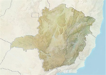 simsearch:872-06160497,k - Relief map of the State of Minas Gerais, Brazil. This image was compiled from data acquired by LANDSAT 5 & 7 satellites combined with elevation data. Stock Photo - Rights-Managed, Code: 872-06160472