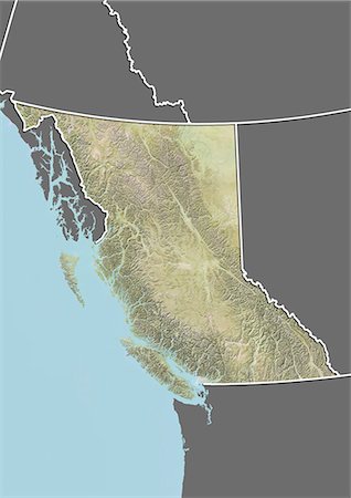 Relief map of British Columbia, Canada. This image was compiled from data acquired by LANDSAT 5 & 7 satellites combined with elevation data. Foto de stock - Con derechos protegidos, Código: 872-06160505