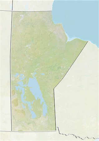 Plan-relief de Manitoba, Canada. Cette image a été compilée à partir de données acquises par les satellites LANDSAT 5 & 7 combinées avec les données d'élévation. Photographie de stock - Rights-Managed, Code: 872-06160509