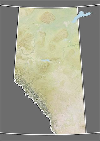 Relief map of Alberta, Canada. This image was compiled from data acquired by LANDSAT 5 & 7 satellites combined with elevation data. Stock Photo - Rights-Managed, Code: 872-06160502
