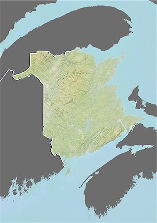 Relief map of New Brunswick, Canada. This image was compiled from data acquired by LANDSAT 5 & 7 satellites combined with elevation data. Foto de stock - Con derechos protegidos, Código: 872-06160511