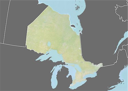 Relief map of Ontario, Canada. This image was compiled from data acquired by LANDSAT 5 & 7 satellites combined with elevation data. Stock Photo - Rights-Managed, Code: 872-06160526