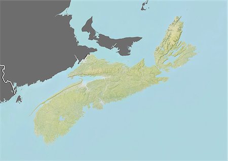 Relief map of Nova Scotia, Canada. This image was compiled from data acquired by LANDSAT 5 & 7 satellites combined with elevation data. Stock Photo - Rights-Managed, Code: 872-06160520