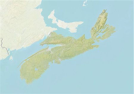 Relief map of Nova Scotia, Canada. This image was compiled from data acquired by LANDSAT 5 & 7 satellites combined with elevation data. Stock Photo - Rights-Managed, Code: 872-06160521