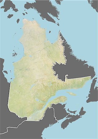 Relief map of Quebec, Canada. This image was compiled from data acquired by LANDSAT 5 & 7 satellites combined with elevation data. Foto de stock - Con derechos protegidos, Código: 872-06160531