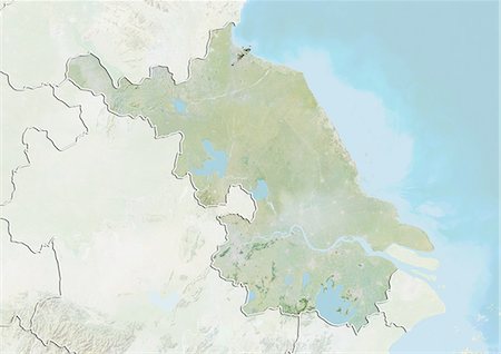 simsearch:872-06055410,k - Relief map of the province of Jiangsu, China. This image was compiled from data acquired by LANDSAT 5 & 7 satellites combined with elevation data. Fotografie stock - Rights-Managed, Codice: 872-06160572