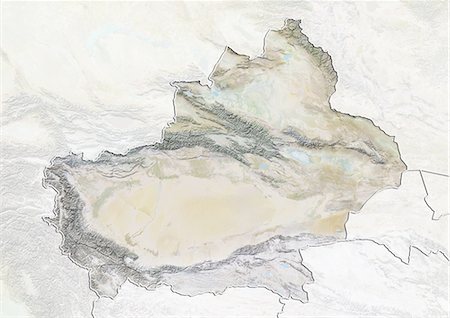 Relief map of Xinjiang, China. This image was compiled from data acquired by LANDSAT 5 & 7 satellites combined with elevation data. Stock Photo - Rights-Managed, Code: 872-06160598