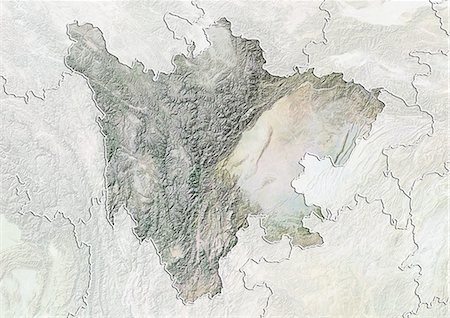 Relief map of the province of Sichuan, China. This image was compiled from data acquired by LANDSAT 5 & 7 satellites combined with elevation data. Foto de stock - Con derechos protegidos, Código: 872-06160592