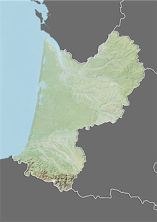 simsearch:872-06055187,k - Reliefkarte von Aquitanien, Frankreich. Dieses Bild wurde aus Daten von LANDSAT 5 & 7 Satelliten kombiniert mit Höhendaten erworbenen zusammengestellt. Stockbilder - Lizenzpflichtiges, Bildnummer: 872-06160607