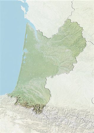 simsearch:872-06055187,k - Reliefkarte von Aquitanien, Frankreich. Dieses Bild wurde aus Daten von LANDSAT 5 & 7 Satelliten kombiniert mit Höhendaten erworbenen zusammengestellt. Stockbilder - Lizenzpflichtiges, Bildnummer: 872-06160608