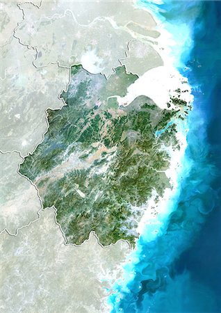 Vue satellite de la province du Zhejiang, Chine. Cette image a été compilée à partir de données acquises par les satellites LANDSAT 5 & 7. Photographie de stock - Rights-Managed, Code: 872-06160603