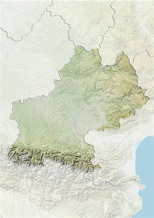 Plan-relief de Midi-Pyrenees, France. Cette image a été compilée à partir de données acquises par les satellites LANDSAT 5 & 7 combinées avec les données d'élévation. Photographie de stock - Rights-Managed, Code: 872-06160644