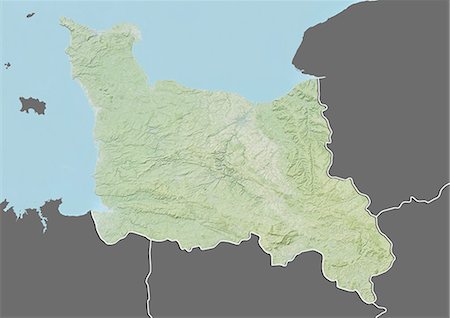 Relief map of Lower Normandy, France. This image was compiled from data acquired by LANDSAT 5 & 7 satellites combined with elevation data. Foto de stock - Direito Controlado, Número: 872-06160640