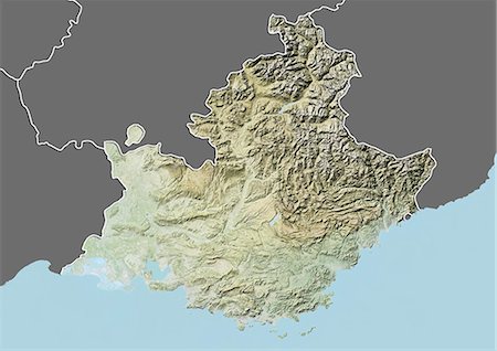 Relief map of Provence-Alpes-Cote d'Azur, France. This image was compiled from data acquired by LANDSAT 5 & 7 satellites combined with elevation data. Stock Photo - Rights-Managed, Code: 872-06160658