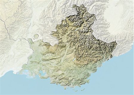 Relief map of Provence-Alpes-Cote d'Azur, France. This image was compiled from data acquired by LANDSAT 5 & 7 satellites combined with elevation data. Foto de stock - Con derechos protegidos, Código: 872-06160659