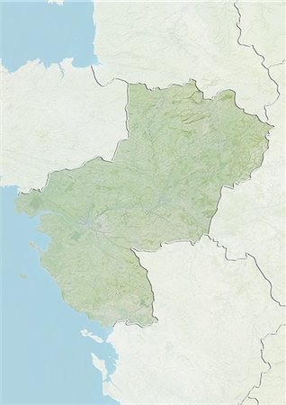 simsearch:872-06055190,k - Carte du relief du Pays-de-la-Loire, France. Cette image a été compilée à partir de données acquises par les satellites LANDSAT 5 & 7 combinées avec les données d'élévation. Photographie de stock - Rights-Managed, Code: 872-06160650