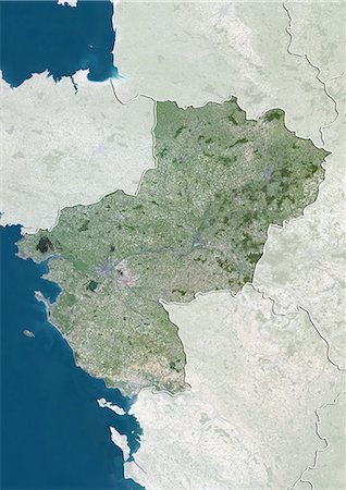 Satellitenansicht des Pays de la Loire, Frankreich. Dieses Bild wurde aus Daten von Satelliten LANDSAT 5 & 7 erworbenen zusammengestellt. Stockbilder - Lizenzpflichtiges, Bildnummer: 872-06160651