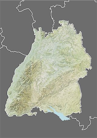 simsearch:872-06160710,k - Relief map of the State of Baden-Wurttemberg, Germany. This image was compiled from data acquired by LANDSAT 5 & 7 satellites combined with elevation data. Fotografie stock - Rights-Managed, Codice: 872-06160669