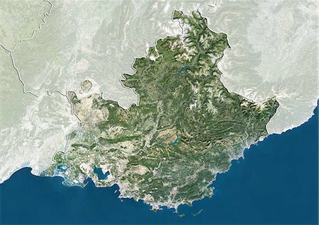 Satellite view of Provence-Alpes-Cote d'Azur, France. This image was compiled from data acquired by LANDSAT 5 & 7 satellites. Stock Photo - Rights-Managed, Code: 872-06160661