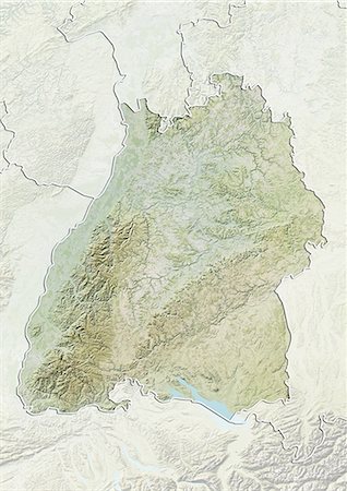 physical geography in germany - Relief map of the State of Baden-Wurttemberg, Germany. This image was compiled from data acquired by LANDSAT 5 & 7 satellites combined with elevation data. Stock Photo - Rights-Managed, Code: 872-06160670