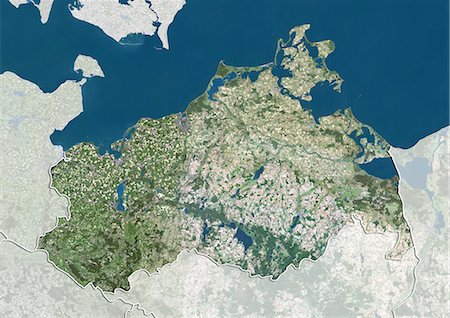 Vue satellite de l'état du Mecklembourg-Poméranie occidentale, Allemagne. Cette image a été compilée à partir de données acquises par les satellites LANDSAT 5 & 7. Photographie de stock - Rights-Managed, Code: 872-06160690